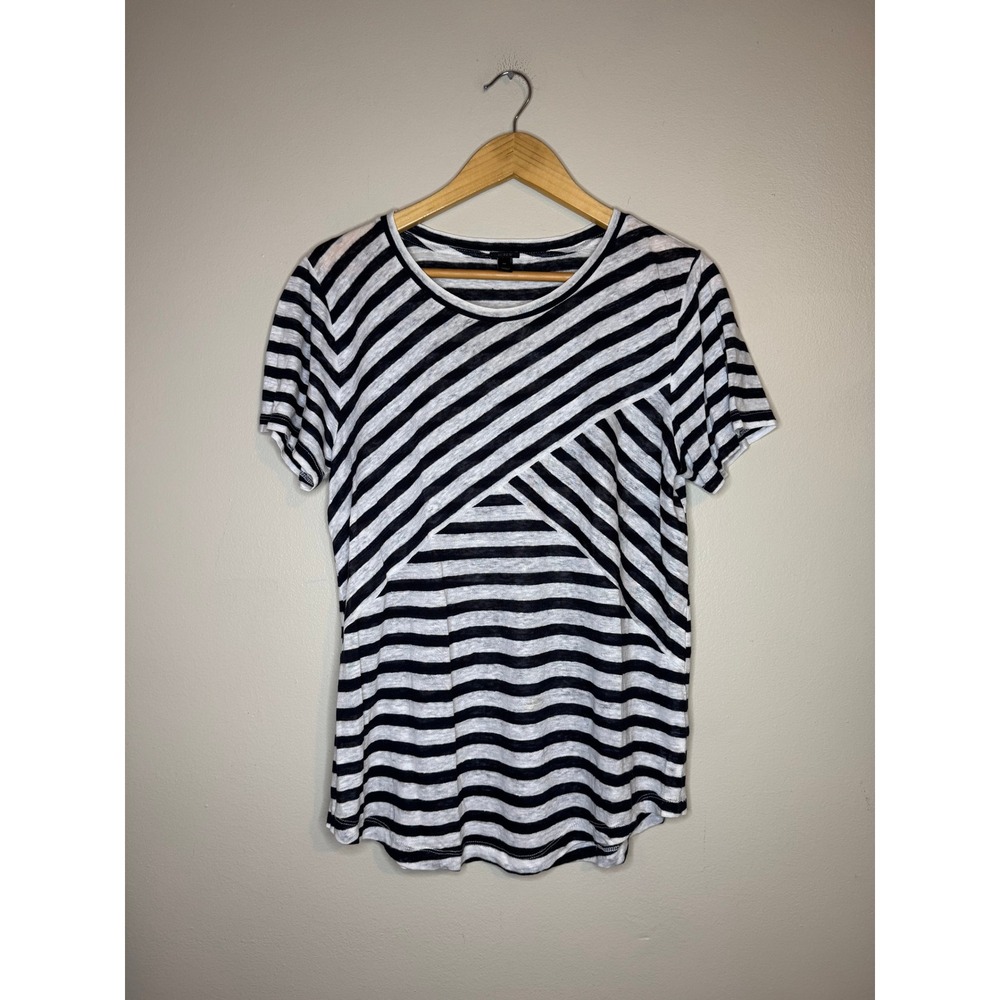 J.Crew 100% Linen Striped Short Sleeve Tee Black White Chevron Front M